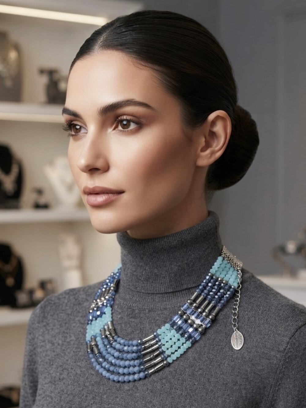 ALI KHAN blue opal and aquamarine multi layered glass beaded statement necklace
